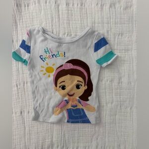 Rachel White Tee with Multicolor Graphic and Blue/Teal Sleeve Stripes